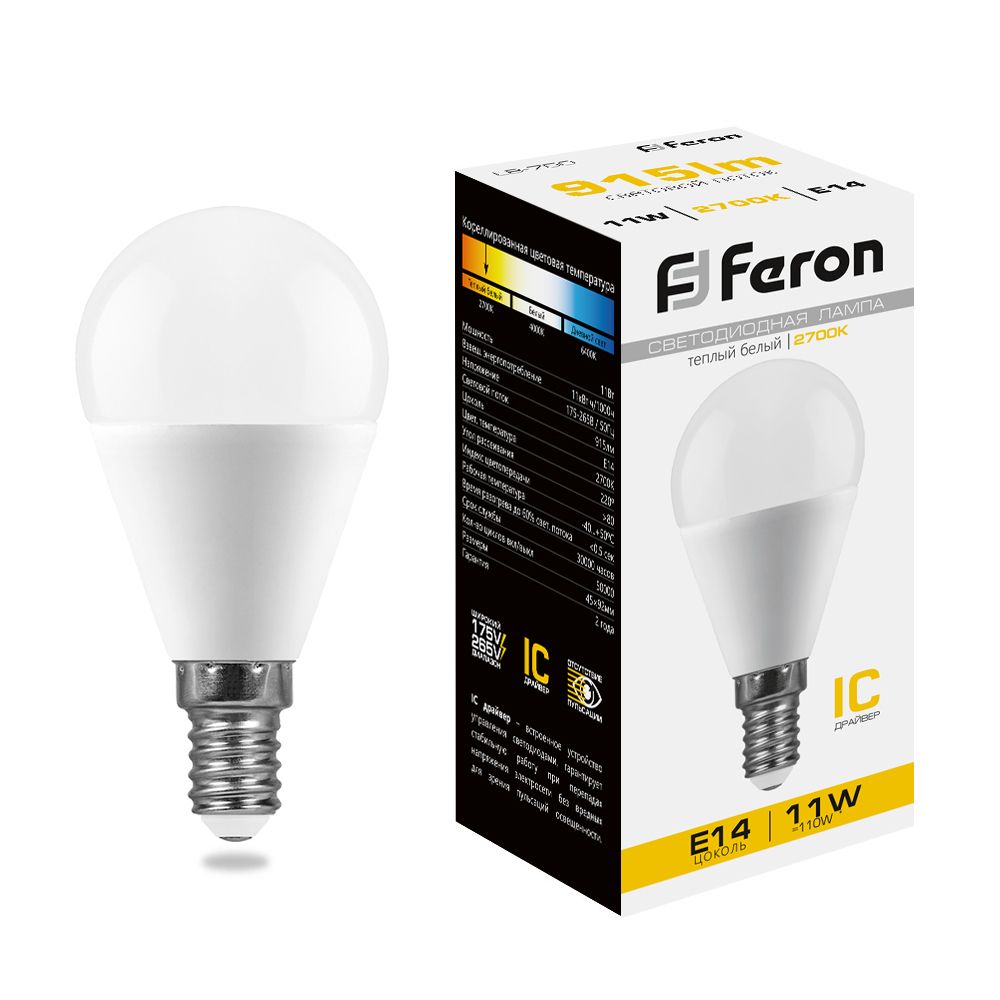 

Лампочка светодиодная FERON LB-750, 11Вт E14 230V упаковка 10 шт, 25946, LB-750