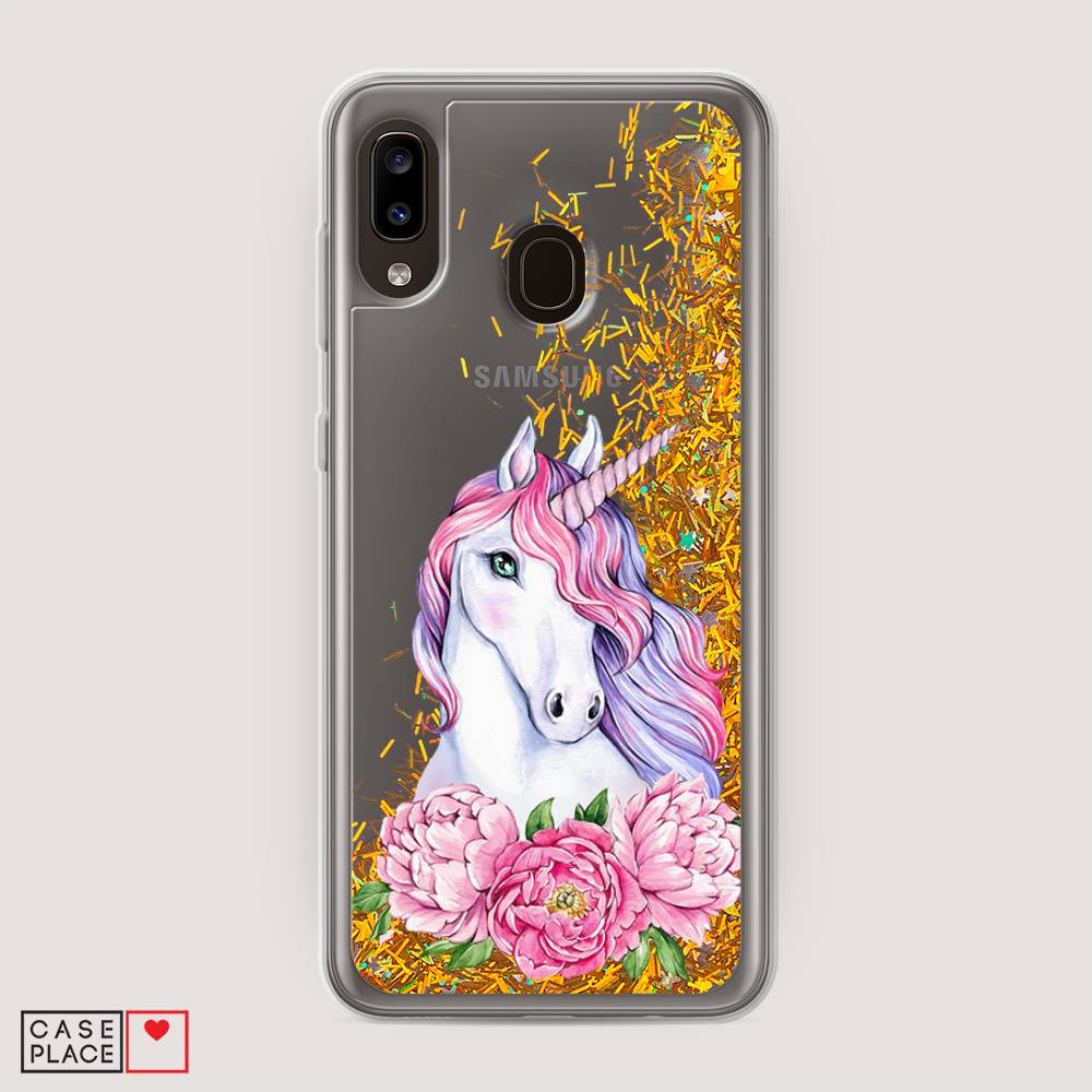 

Жидкий чехол с блестками "Единорог с пионами" на Samsung Galaxy A20, 27690-1