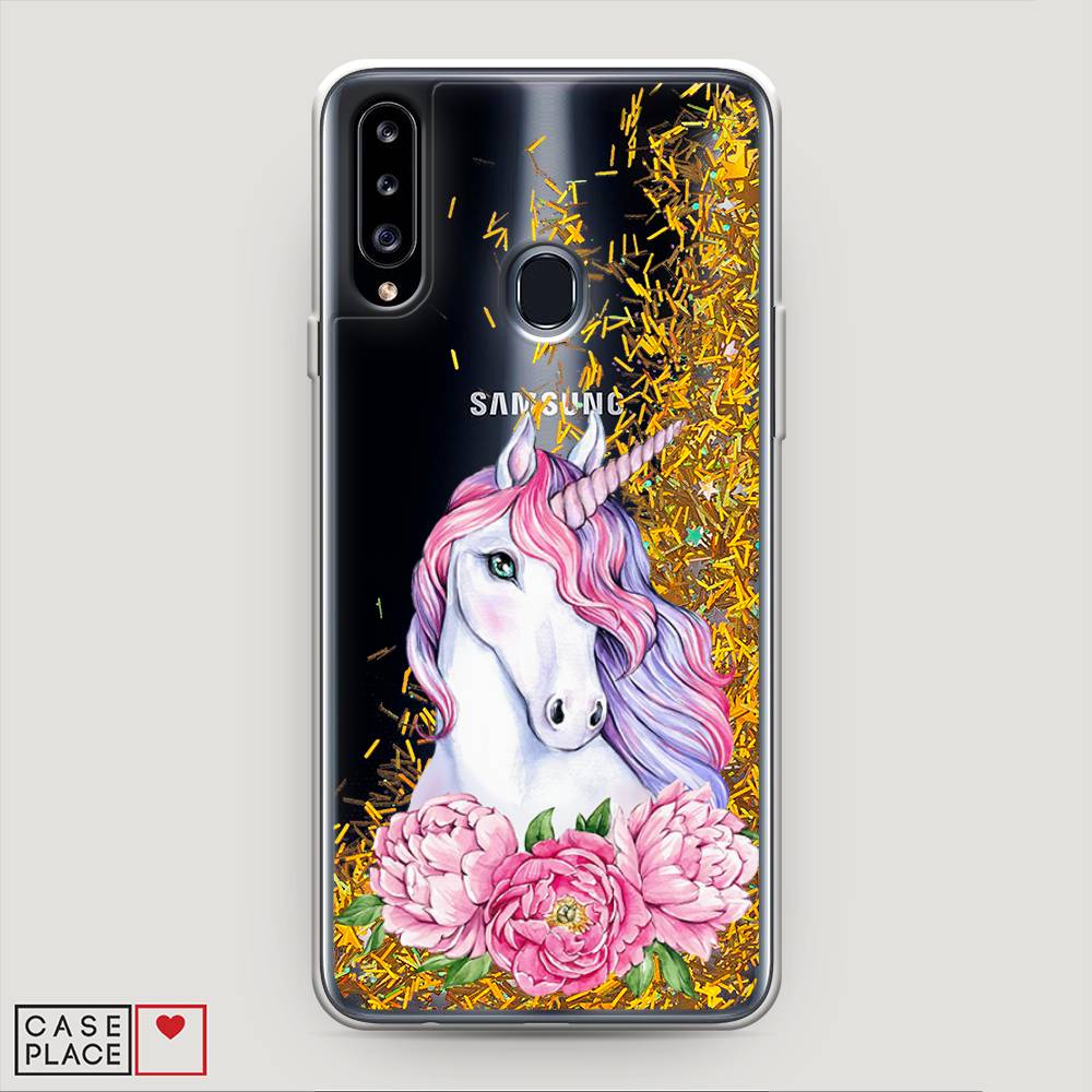 

Жидкий чехол с блестками "Единорог с пионами" на Samsung Galaxy A20s, 2100890-1