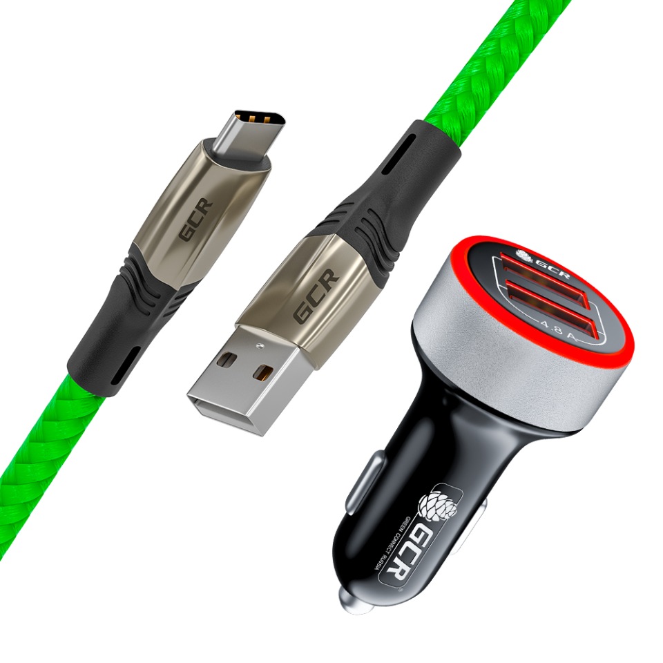 фото Азу на 2 usb порта 4.8а led + кабель typec для быстрой зарядки qc 3.0 3a 1.2м gcr