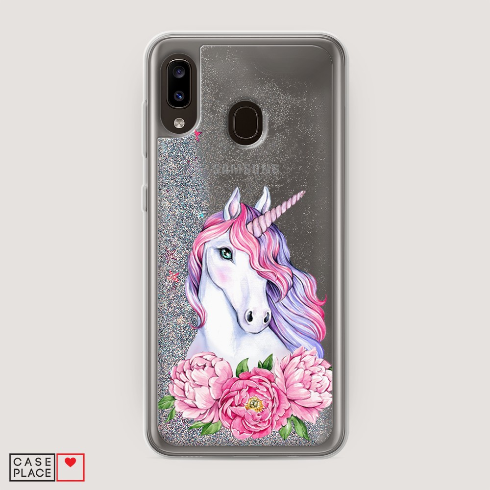 

Жидкий чехол с блестками "Единорог с пионами" на Samsung Galaxy A30, 27591-1