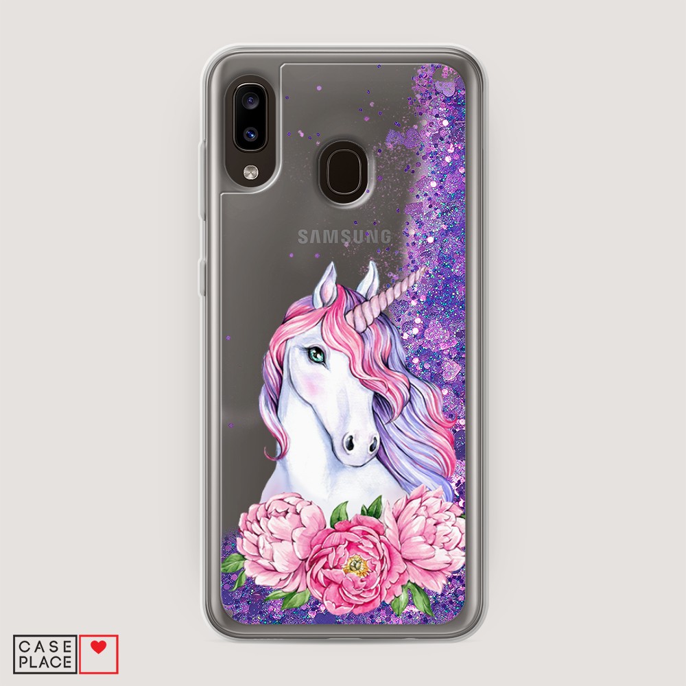

Жидкий чехол с блестками "Единорог с пионами" на Samsung Galaxy A30, 27592-1