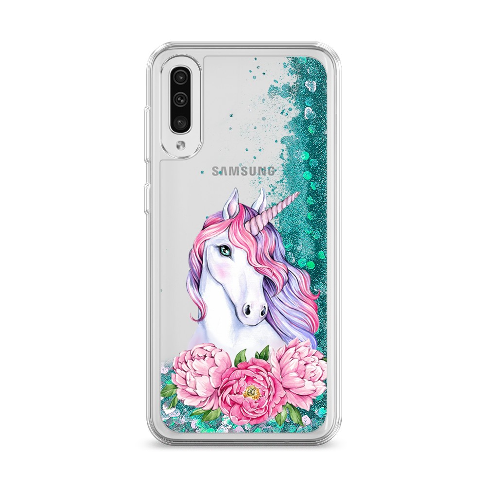 

Жидкий чехол с блестками "Единорог с пионами" на Samsung Galaxy A30s, 28895-1