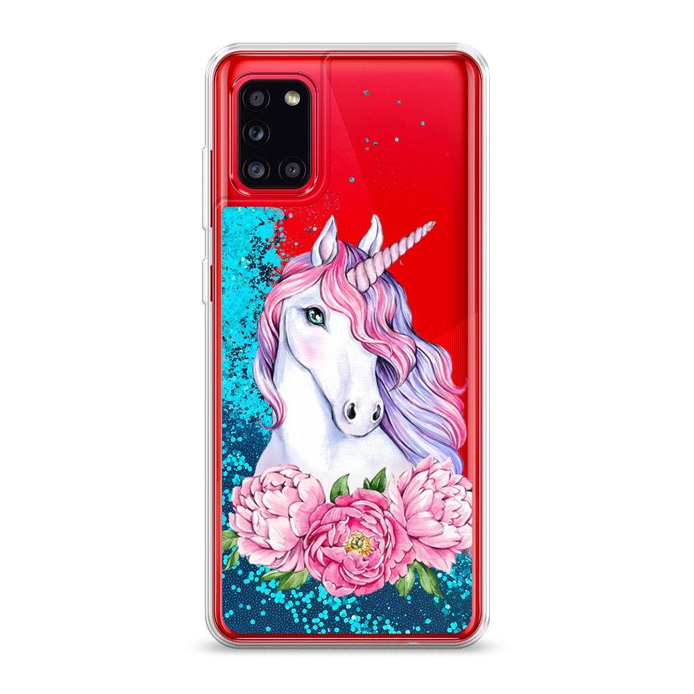 

Жидкий чехол с блестками "Единорог с пионами" на Samsung Galaxy A31, 2100393-1
