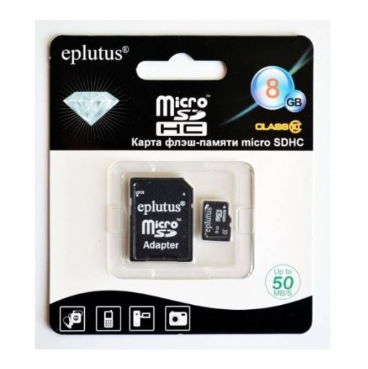 

Карта памяти MicroSD 8 GB Class10 Eplutus с адаптером