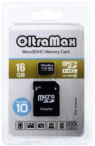 Карта памяти OltraMax MicroSDHC 16GB Class10 + адаптер SD