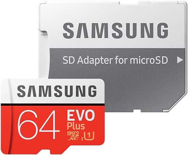 

Карта памяти Samsung EVO plus 64 gb, microSDXC EVO Plus UHS-I (U3) 64 GB, чтение: 100 MB/s, запись: 60 MB/s, адаптер на SD
