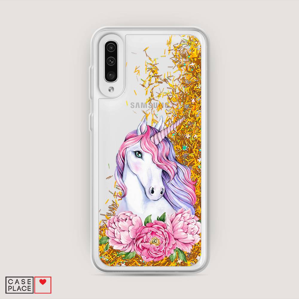 

Жидкий чехол с блестками "Единорог с пионами" на Samsung Galaxy A50, 27790-1