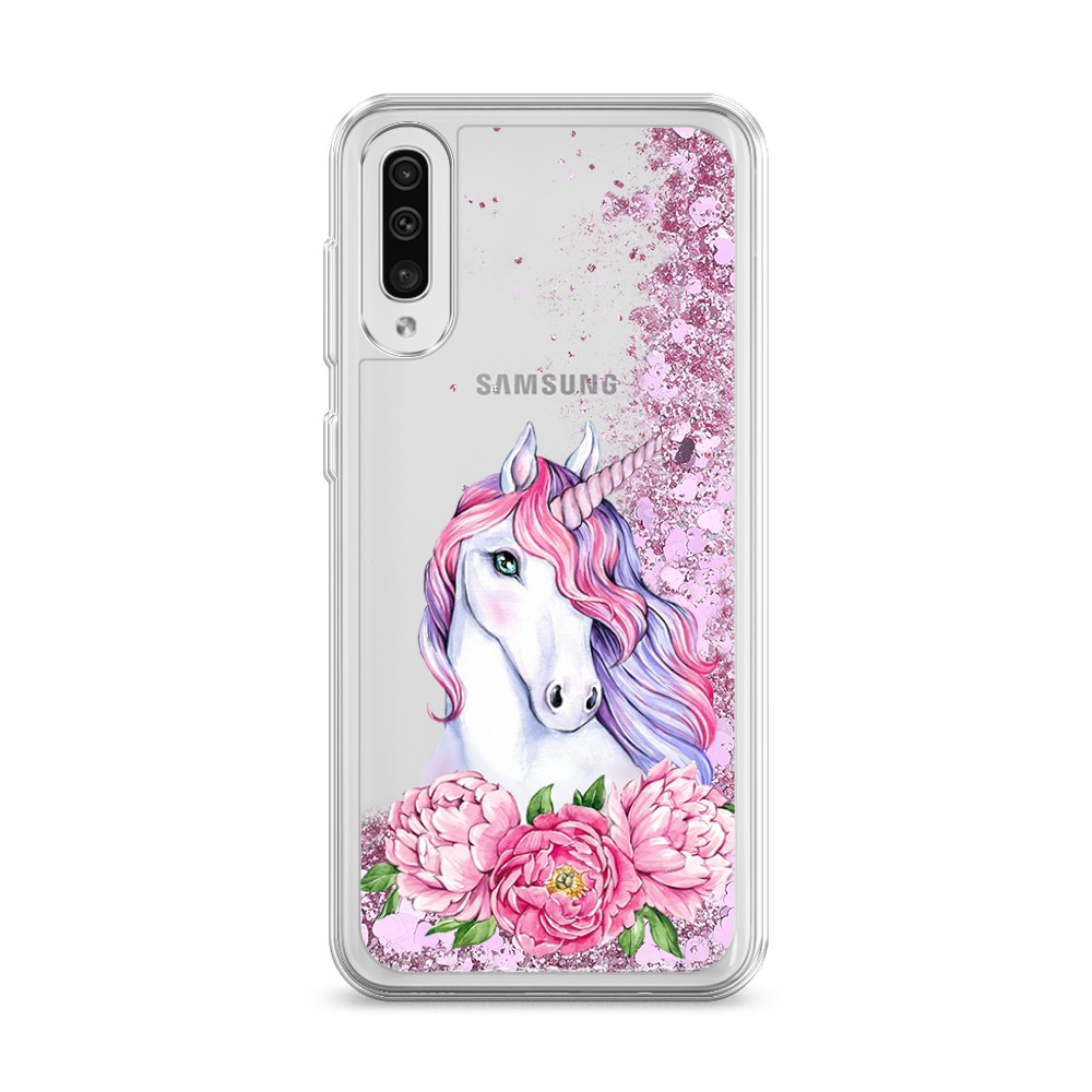 

Жидкий чехол с блестками "Единорог с пионами" на Samsung Galaxy A50