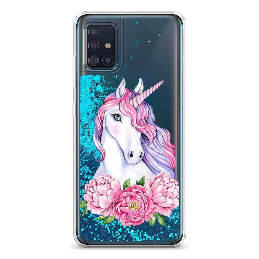 

Жидкий чехол с блестками "Единорог с пионами" на Samsung Galaxy A51