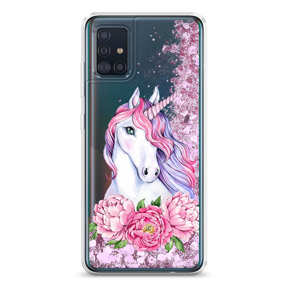 

Жидкий чехол с блестками "Единорог с пионами" на Samsung Galaxy A51, 28994-1