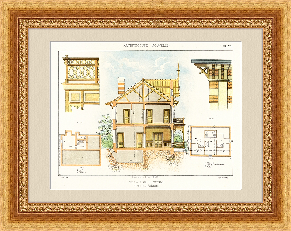 

Старинная хромолитография с проектом частного жилого дома архитектурные элементы