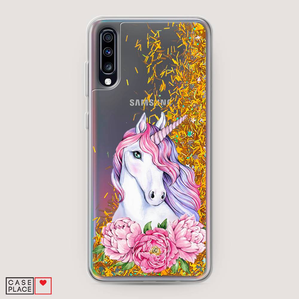 

Жидкий чехол с блестками "Единорог с пионами" на Samsung Galaxy A70, 28190-1