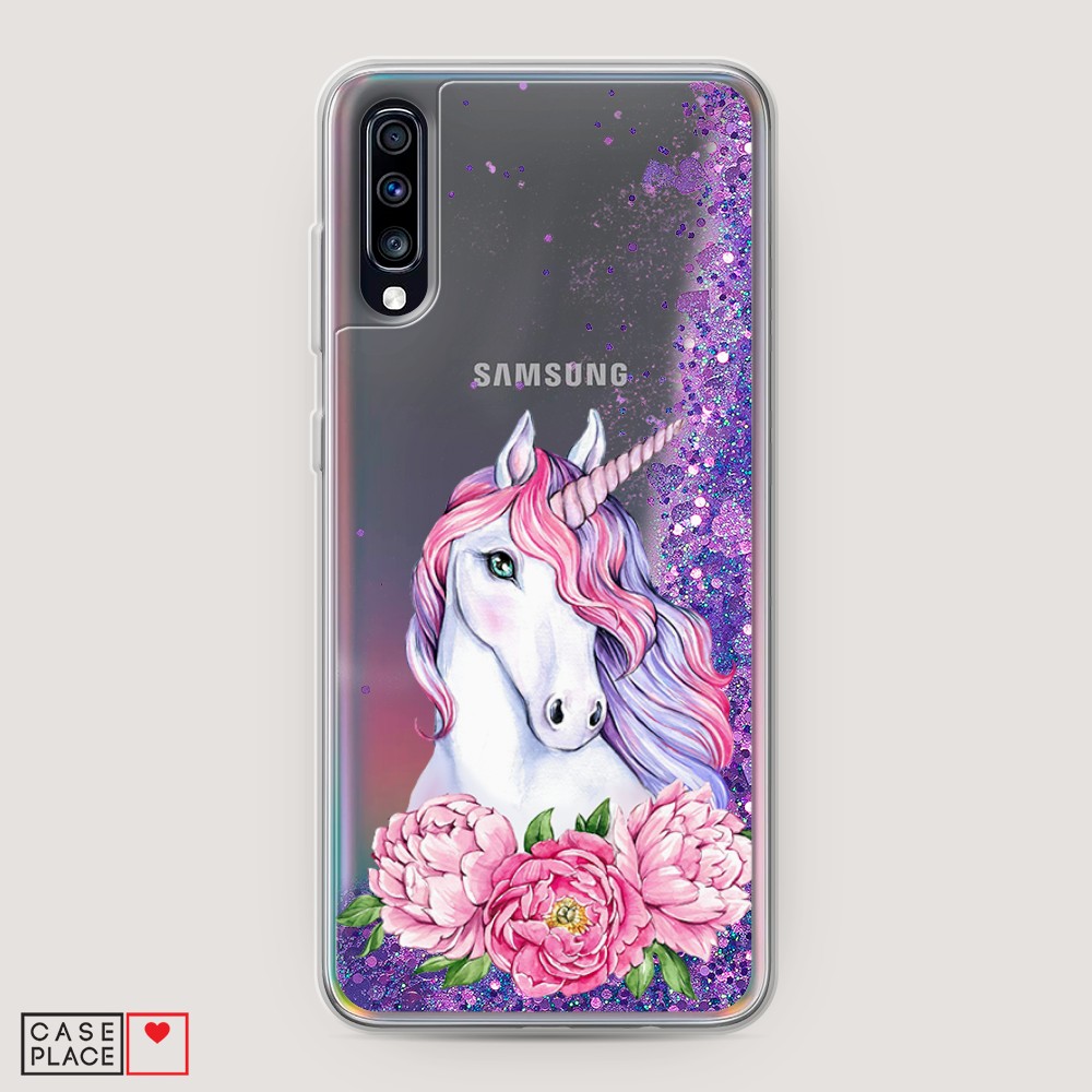 

Жидкий чехол с блестками "Единорог с пионами" на Samsung Galaxy A70, 28192-1