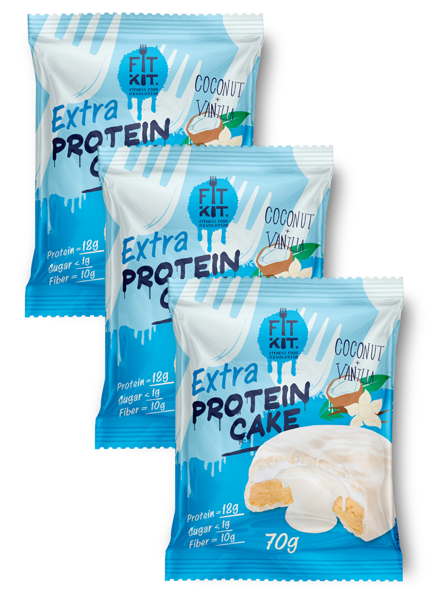 фото Протеиновое печенье, fit kit, protein cake extra, 3шт x 70г (кокос-ваниль)