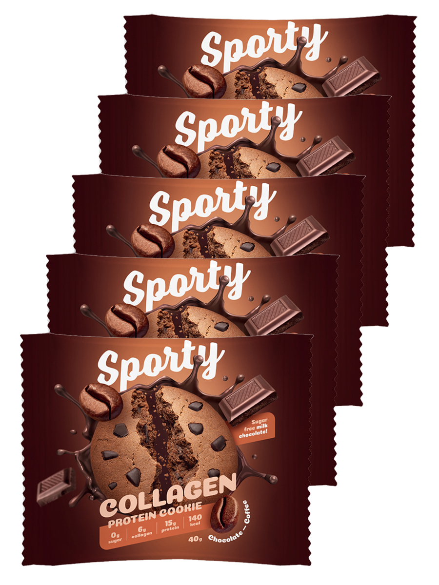 

Протеиновое печенье Sporty, Collagen Protein cookie, 5шт по 40г (Шоколад-кофе), Collagen Protein cookie