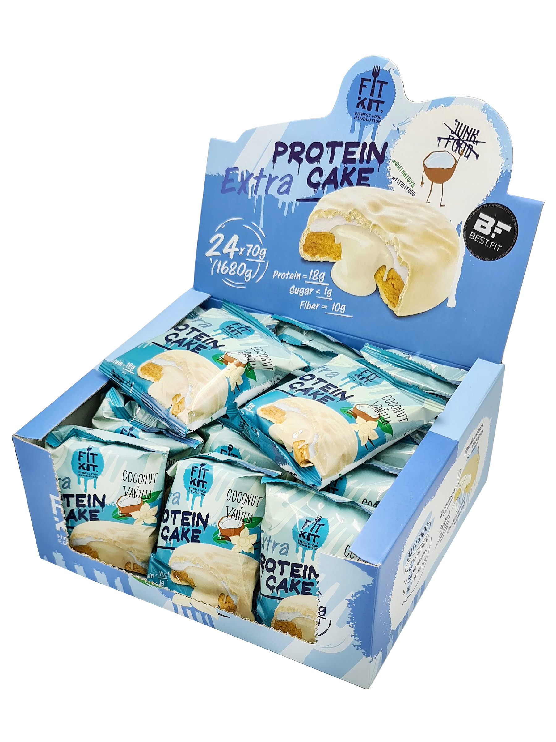 фото Протеиновое печенье fit kit, protein cake extra, упаковка 24шт по 70г (кокос-ваниль)
