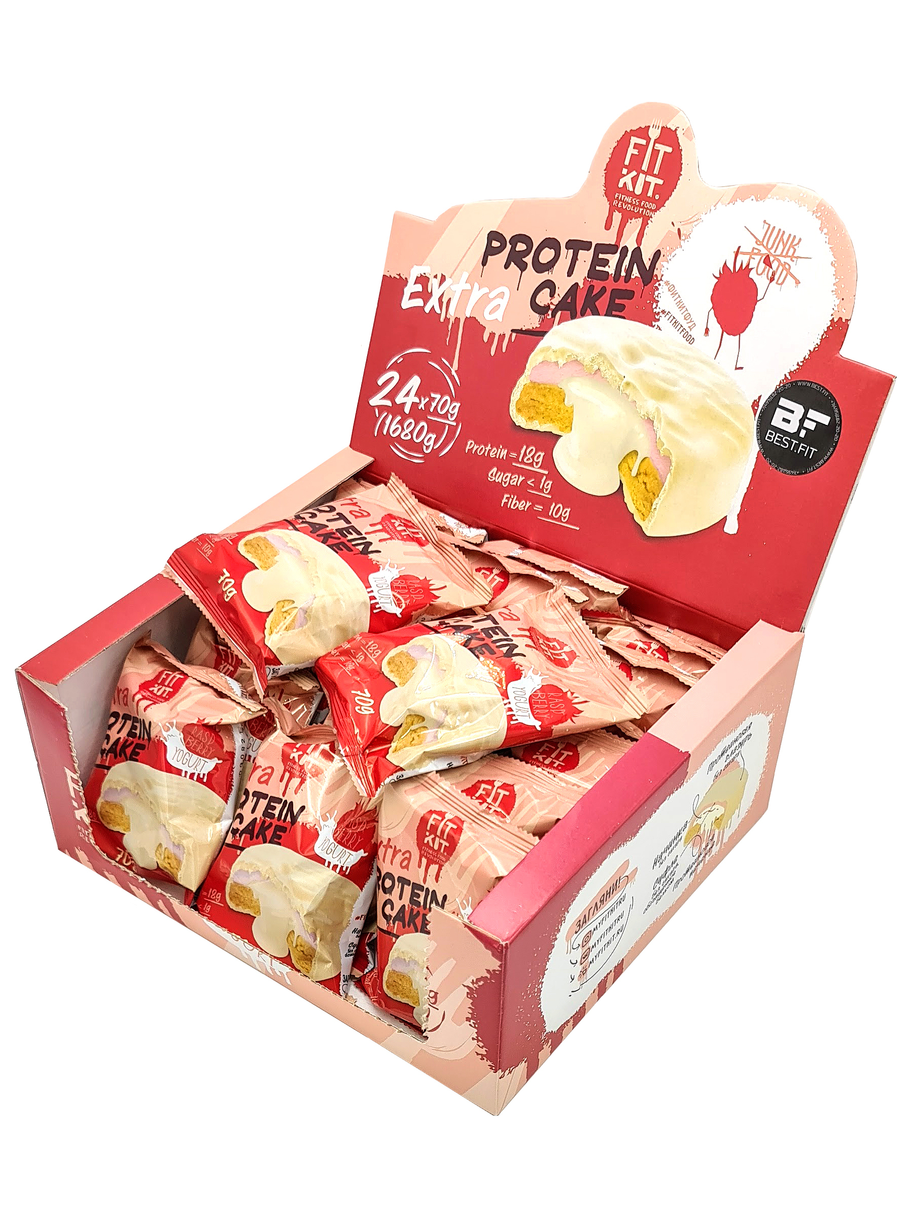 фото Протеиновое печенье fit kit, protein cake extra, упаковка 24шт по 70г (малина-йогурт)