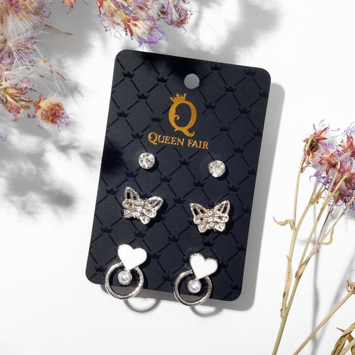 Комплект серег из бижутерного сплава Queen Fair Сердечко с бабочкой, стразы/эмаль