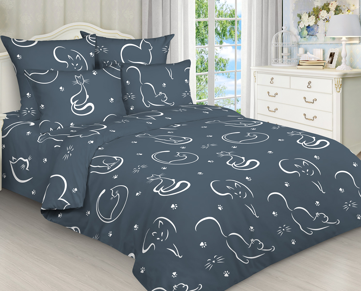 

Постельное белье Mercury Home Ночной кот евро бязь 4 наволочки, Ночной кот