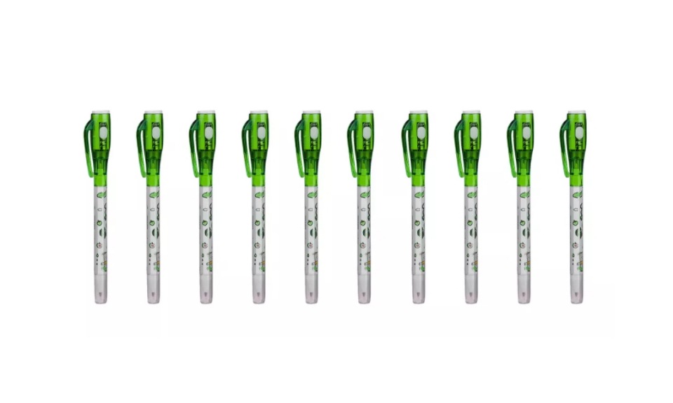 фото Ручка-шпион wellywell с невидимыми чернилами и уф фонариком, 10шт, shpion-green-pen10