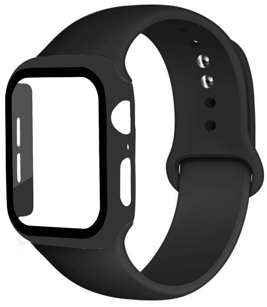 

Ремешок силиконовый с защитным корпусом для Apple Watch 44mm / Черный