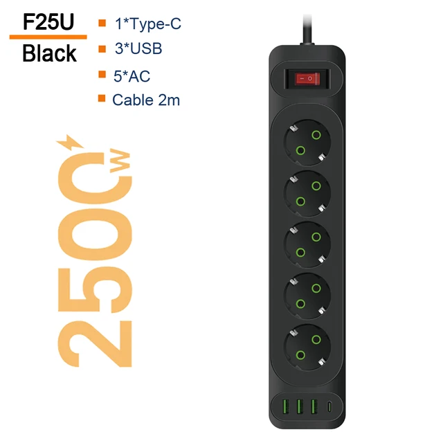 

Удлинитель сетевой фильтр с USB зарядкой, 3 розеток 3 USB +Type-C, f25u
