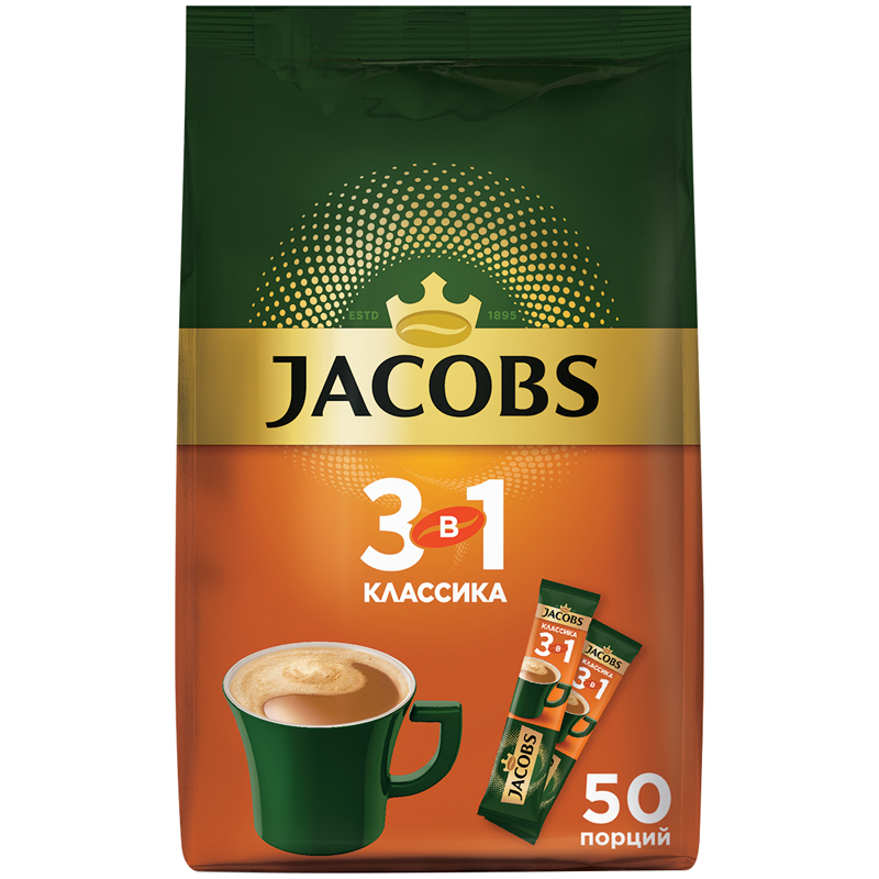 

Кофе растворимый Jacobs Классика, 3в1, порошкообразный, порционный, 50 пакетиков* 13,5г
