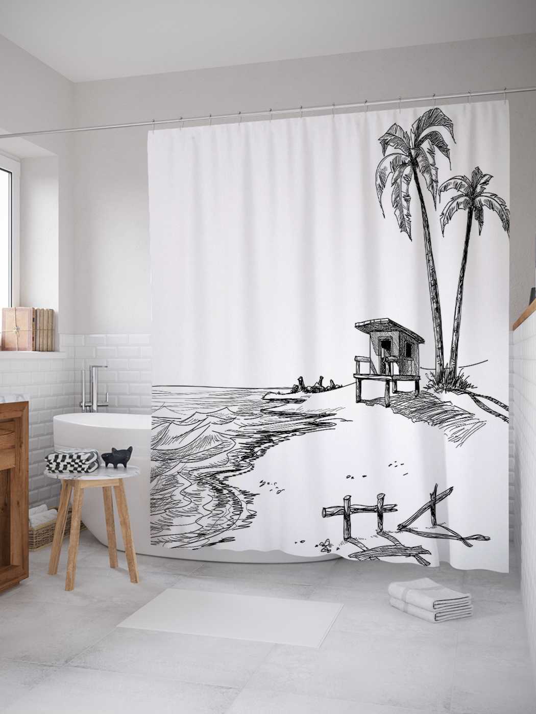 

Штора для ванной JoyArty "Одинокий спасатель" из сатена, 180х200 см с крючками