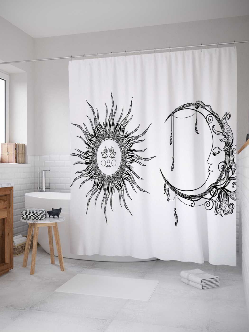 фото Штора для ванной joyarty "солнце и луна" из сатена, 180х200 см с крючками
