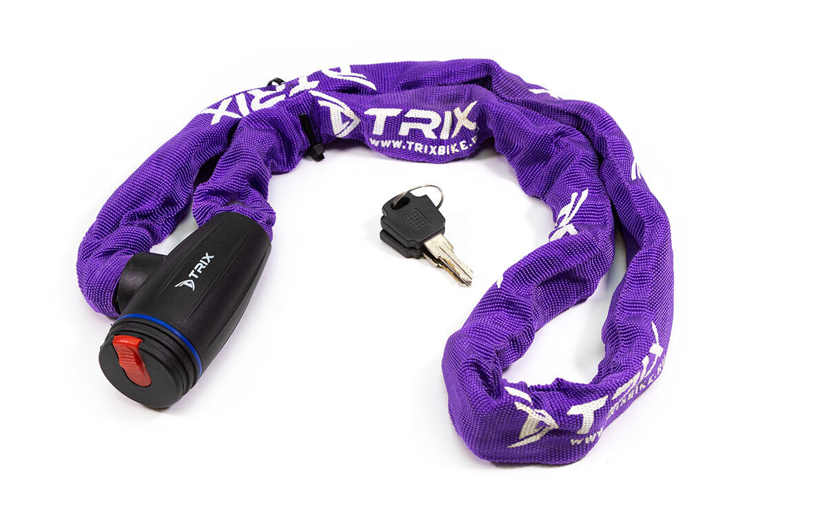 Замок велосипедный TRIX цепь с ключами 6x1200мм в тканевой оплетке пурпурный