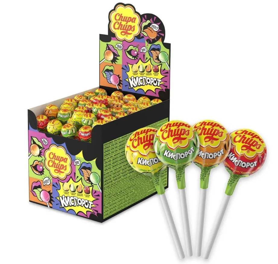 фото Карамель chupa chups кислорот со вкусами яблока, вишни, лимона, апельсина, 100шт*12 гр