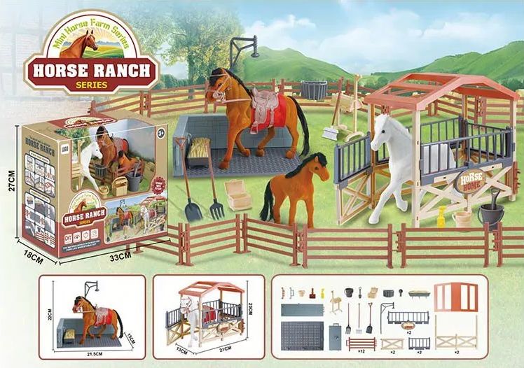 фото Игровой набор new canna конюшня с лошадками horse ranch 3 фигурки, аксессуары, 33х27х18 см