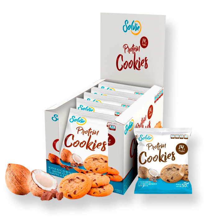 

Solvie Протеиновое печенье Solvie 50 г, 10 шт, вкус: кокосовое с шоколадными чипсами