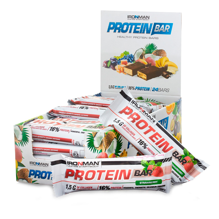 фото Ironman батончики protein bar 50 г, 24 шт, вкус: клубника-белая глазурь