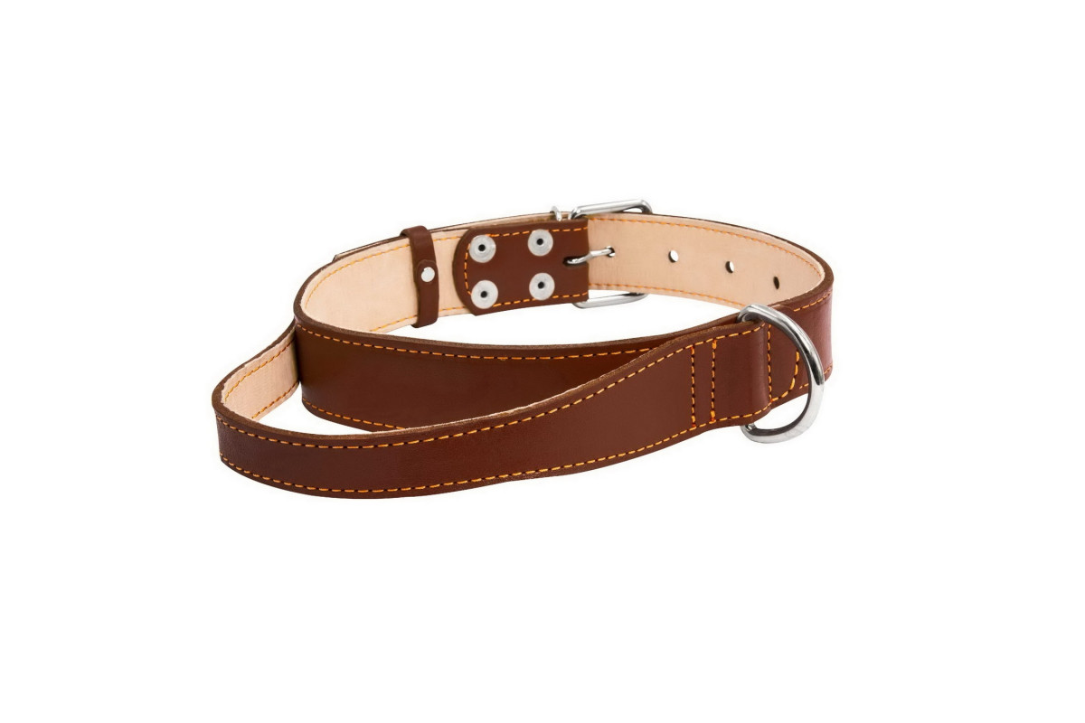 фото Ошейник для собак collar двойной с ручкой, кожаный, коричневый, 35мм х 48-63см