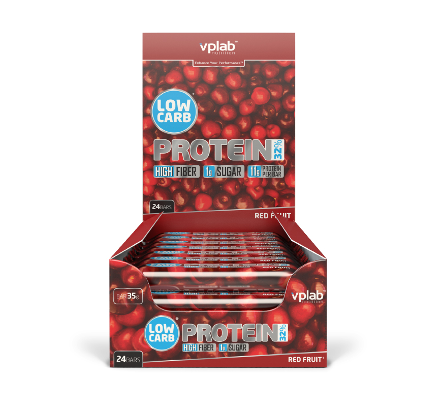 фото Vplab батончики low carb protein bar 35 г, 24 шт, вкус: красная ягода
