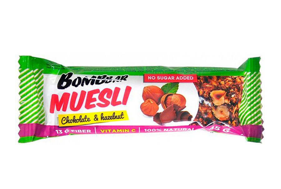 Батончики Bombbar  Muesli 45 г, 1 шт, вкус: фундук, шоколад
