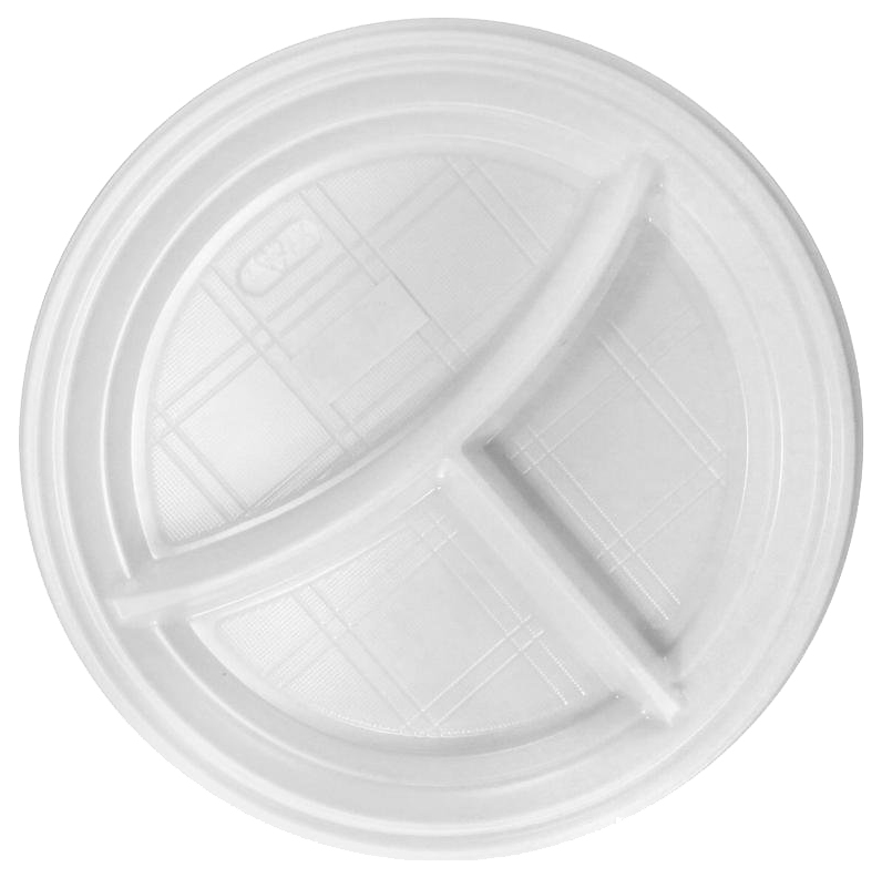 Тарелка одноразовая пластиковая белая 3-х секционная 100 штук в упаковке