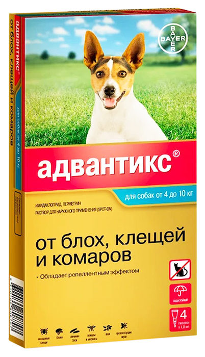 Капли для собак от блох клещей и комаров Bayer Адвантикс, массой 4-10 кг, 1 мл, 4 шт