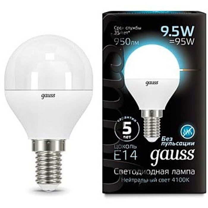 

Упаковка светодиодных ламп Gauss Black LED Globe E14 9.5W 4100K 105101210 x10 336056, 105101210 x10 336056