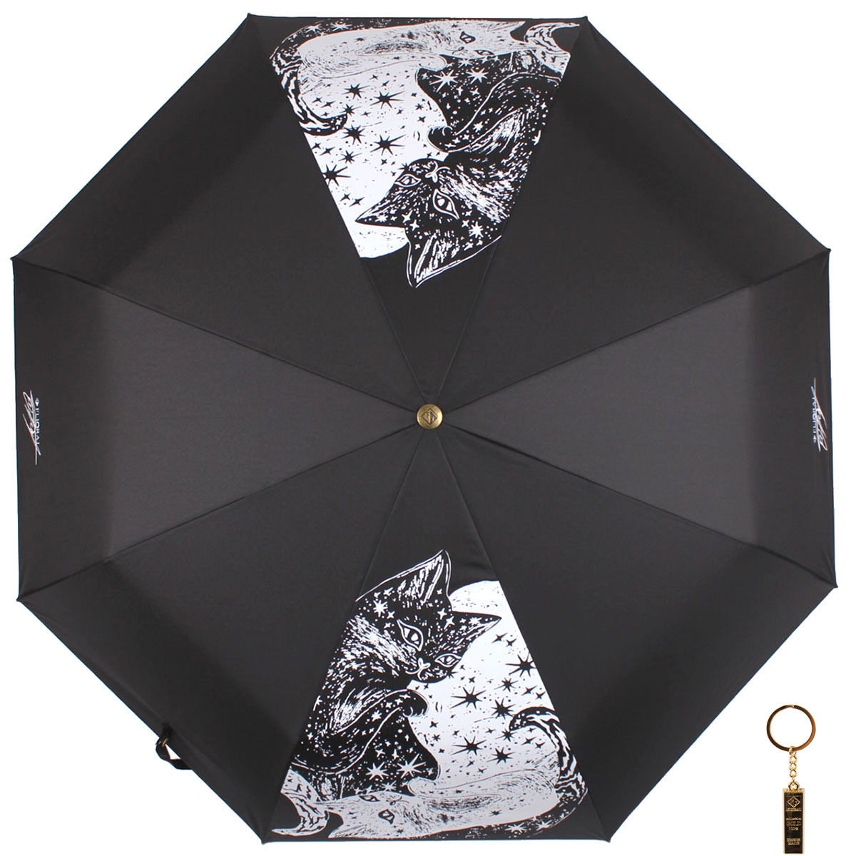 Комплект брелок+зонт складной женский автоматический Flioraj 16071 FJ черный