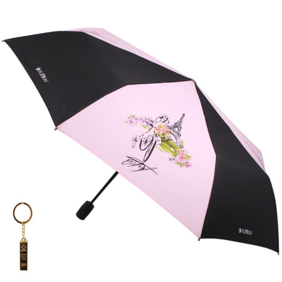 Комплект брелок+зонт складной женский автоматический Flioraj 16023 FJ розовый