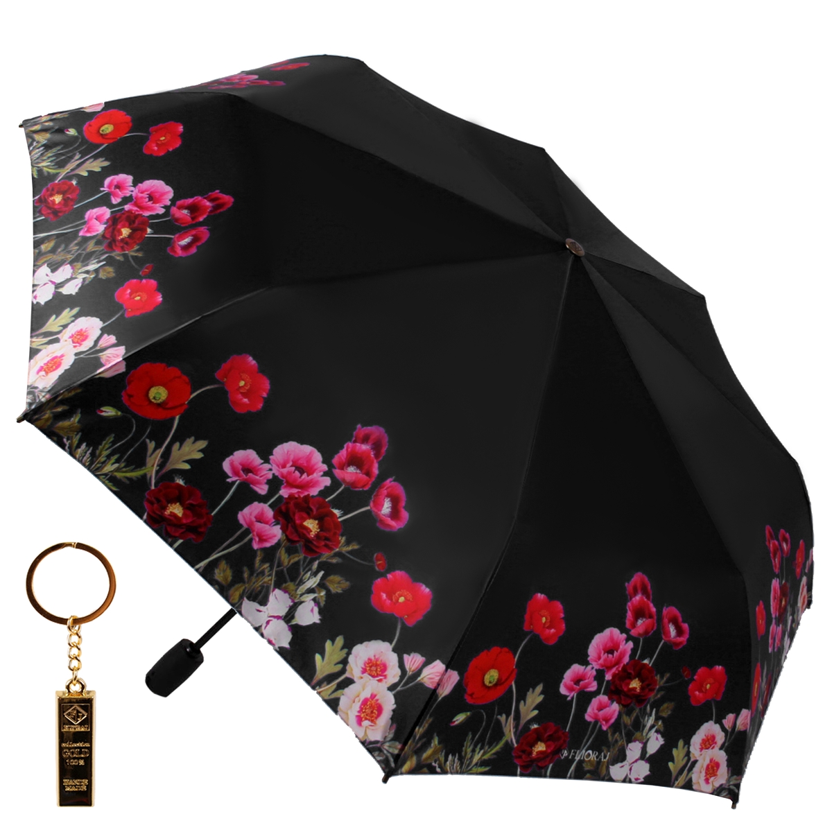 Комплект брелок+зонт складной женский автоматический Flioraj 23141 FJ черный