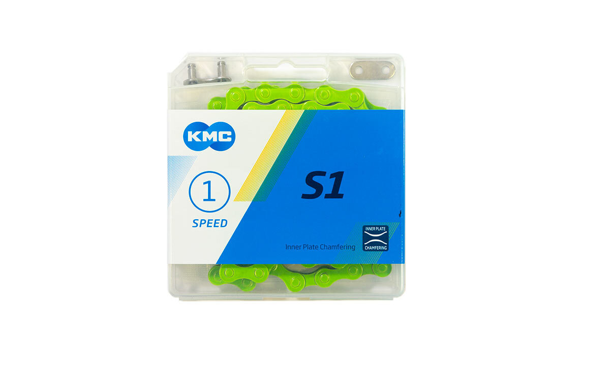 

Цепь KMC S1 для 1 скорости, 1/2"х1/8", 112 звеньев, пин 8.7мм, с замком, зеленая