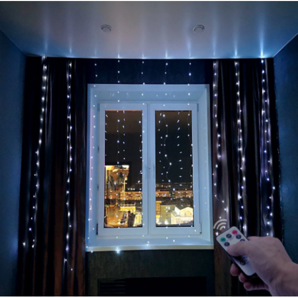 фото Светодиодная гирлянда штора с пультом управления на окно 3х3 метра (холодный свет) daprivet