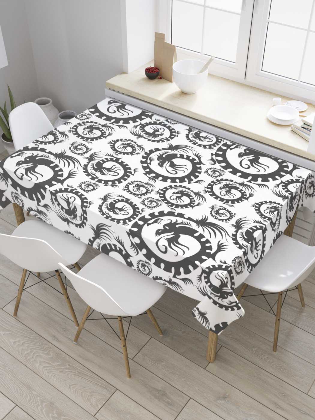 

Скатерть прямоугольная JoyArty "Драконьи завитки" из сатена, 120x145 см, Белый, Драконьи завитки