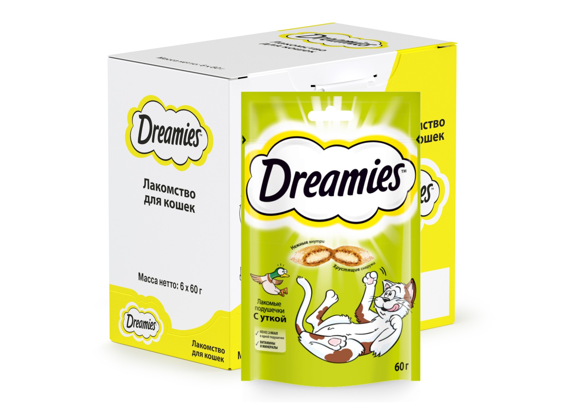 фото Лакомство для кошек dreamies, лакомые подушечки с уткой, 6 шт по 60г