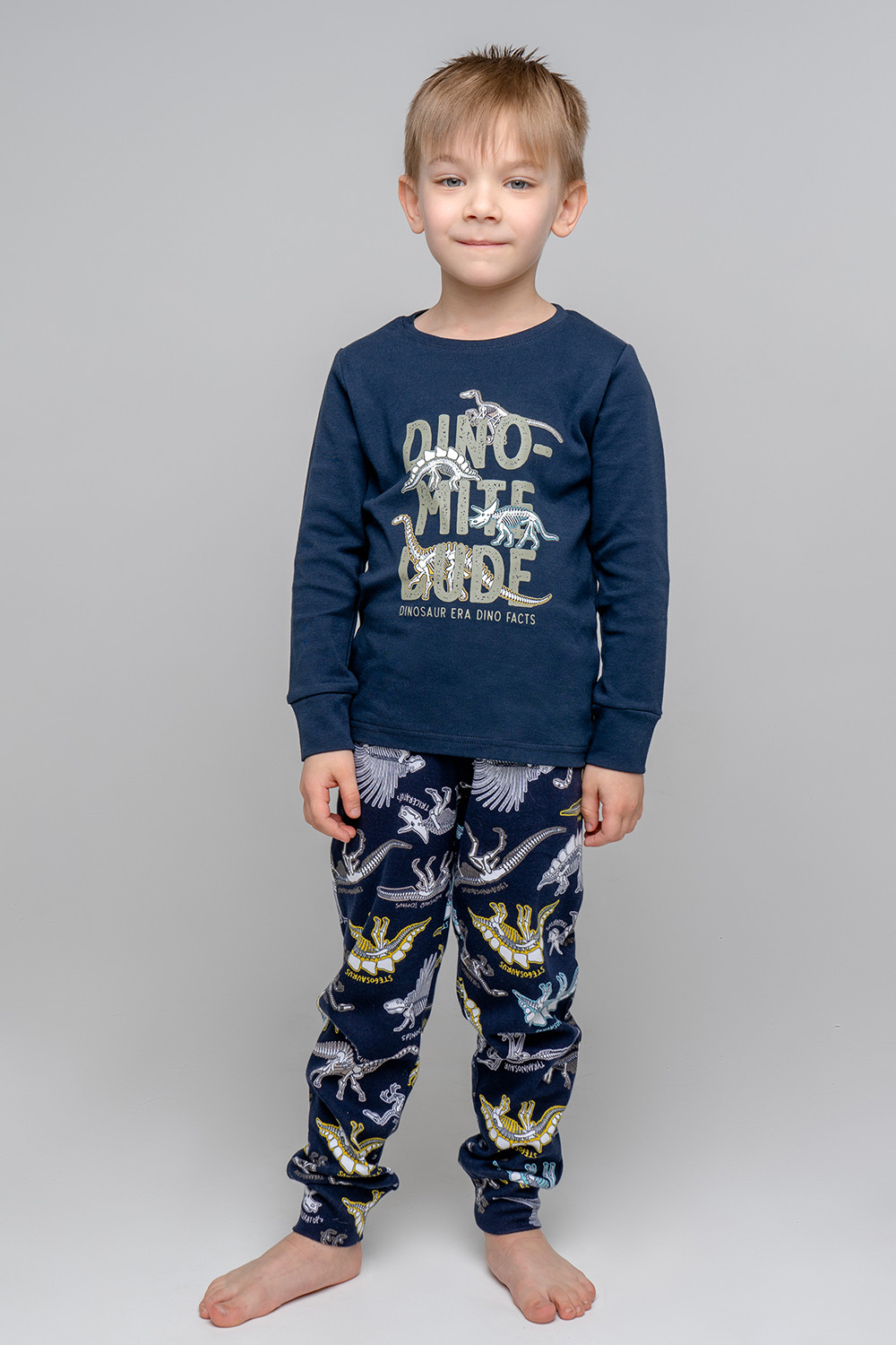 

Пижама детская CROCKID К 1044, индиго,цветные динозавры, темно-синий, 134, К 1044