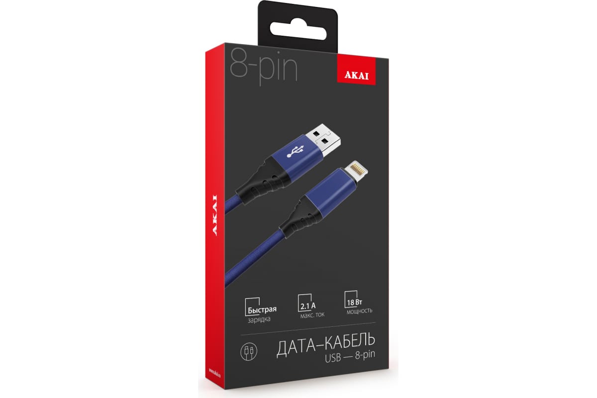 Дата-кабель Akai CE-610 USB - Lightning, 1м, 2.1А, текстиль, синий